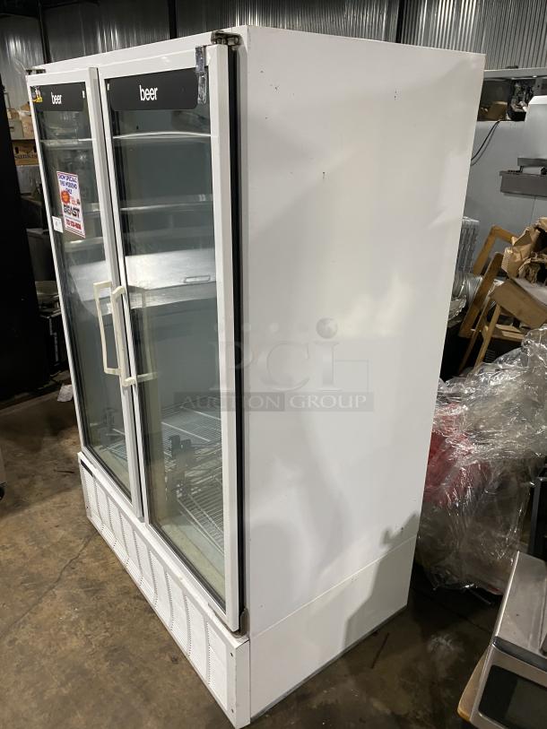 Master-Bilt BMG-48 double glass door merchandiser refrigerator, white, poly-coated racks, commercial use, 115V, model HW506620.