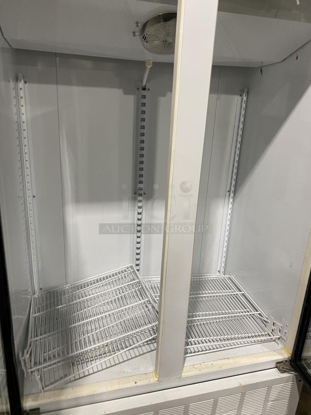 Master-Bilt BMG-48 commercial double glass door refrigerator with poly-coated wired rack, model SN: HW506620, 115V 1 Phase.
