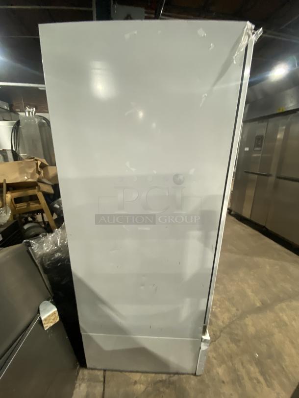 Master-Bilt BMG-48 white reach-in merchandiser refrigerator, dual glass doors, poly-coated rack, 115V, SN HW506620.