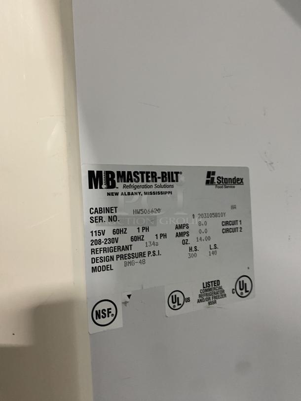 Master-Bilt refrigerator model BMG-48 label showing model, serial number HW506620, and voltage details. NSF and UL listed.