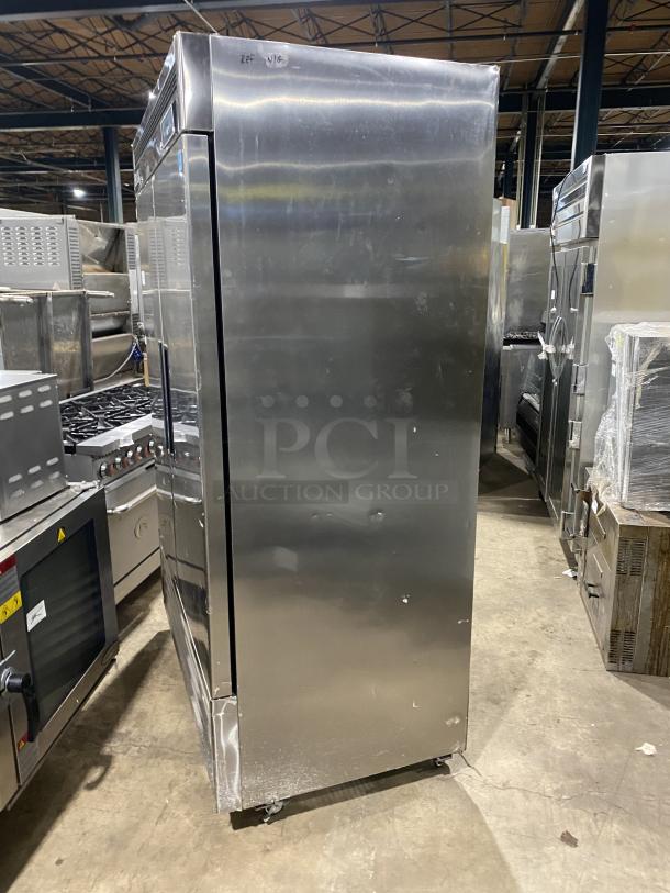 Maxx Cold 2-door stainless steel commercial refrigerator, model MCR-49FDHC-V1, on casters, with poly-coated racks.