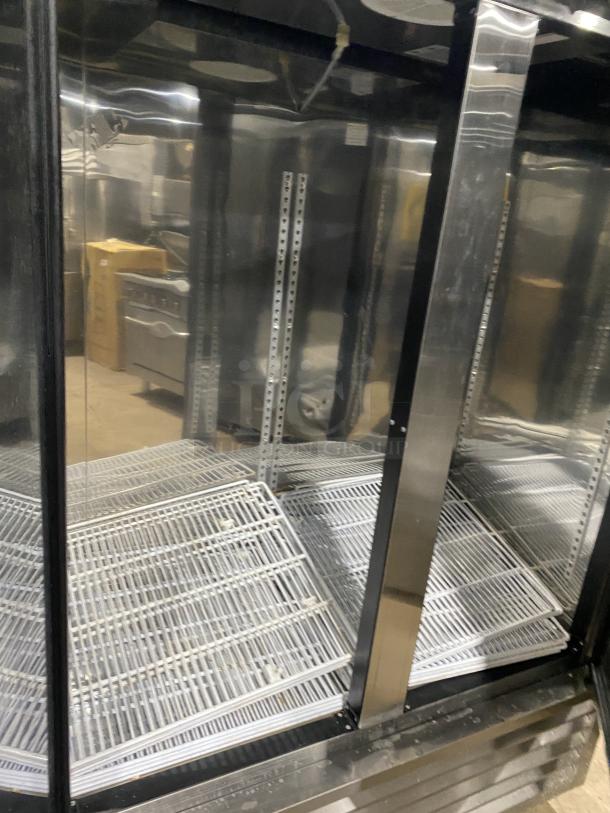 Maxx Cold 2-door commercial refrigerator, model MCR-49FDHC-V, stainless steel, with poly coated racks, on casters.