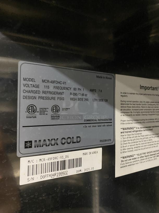 Maxx Cold 2-door reach-in fridge, model MCR-49FDHC-V1, stainless steel, poly coated racks, on casters, 115V, serial DGFFA94R100022.