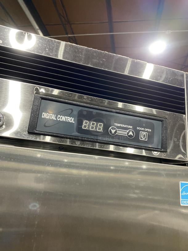 Maxx Cold 2-door reach-in refrigerator, model MCR-49FDHC-V1, stainless steel, digital control panel, on casters.