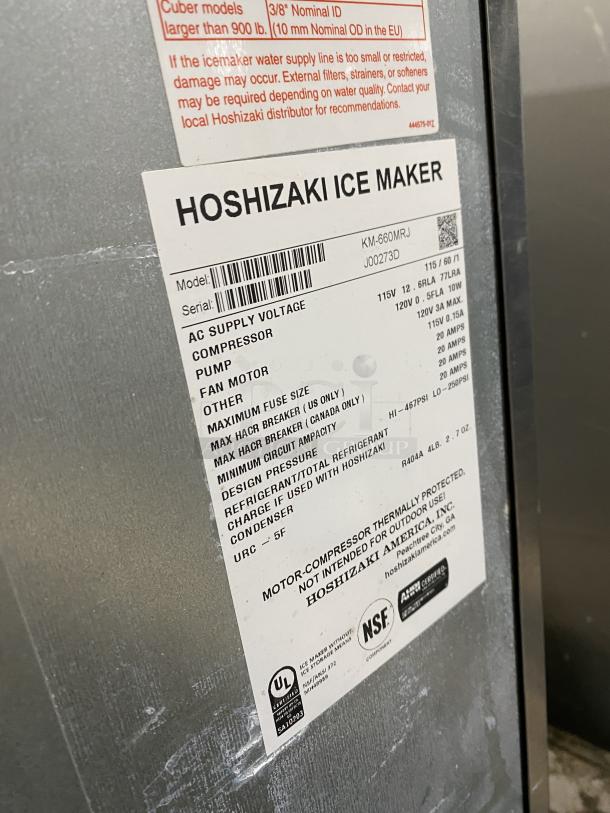 Hoshizaki KM-660MRJ commercial stainless steel ice maker, electric powered, Model SN: J00273D, 115V, 1 Phase.