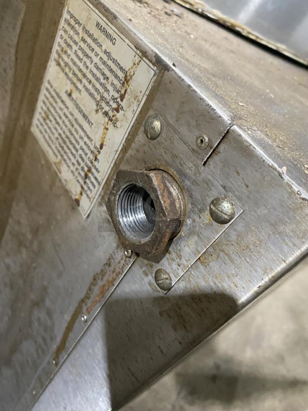 Bakers Pride GP-51 stainless steel deck oven, natural gas powered, shows rust and wear. Warning label visible. Model SN: 35745.