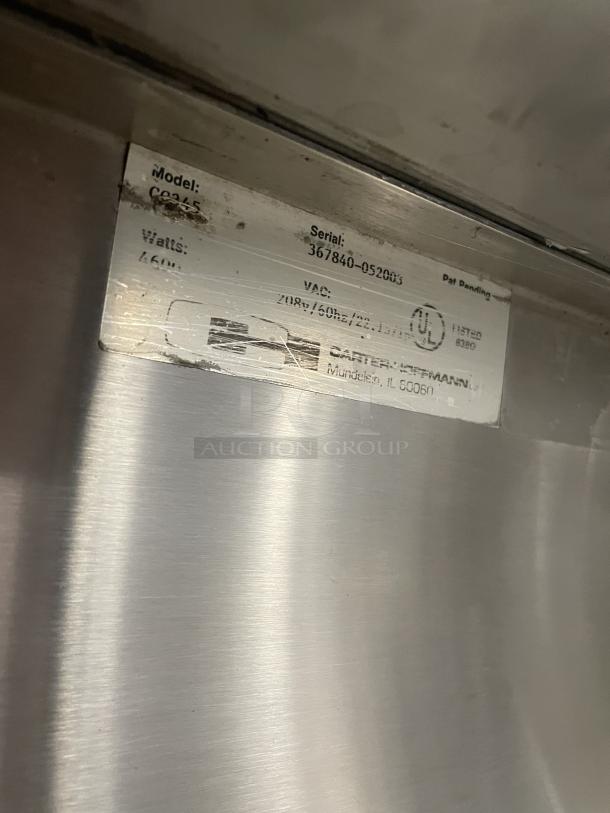 Carter Hoffmann CC345 Holding/Proofer Cabinet, stainless steel, on casters, SN: 367840-052003, 208V label shown.