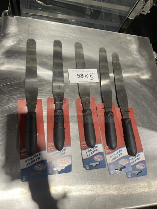 Winco Winware TKPS-9 bakery spatulas, new with black grip handles, displayed in packaging. Set of five.