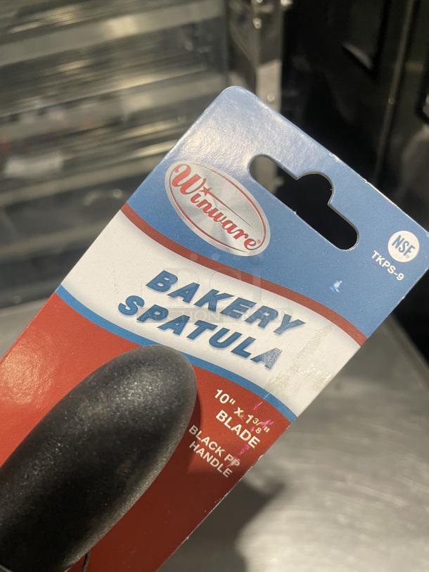 Brand new Winco Winware TKPS-9 bakery spatula, commercial stainless steel, 10-inch blade, black PP handle, NSF certified.