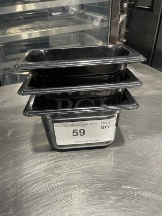 Commercial black plastic food pan set, good condition, stackable. Label reads "59 QTY" from PCIAuctions.com.