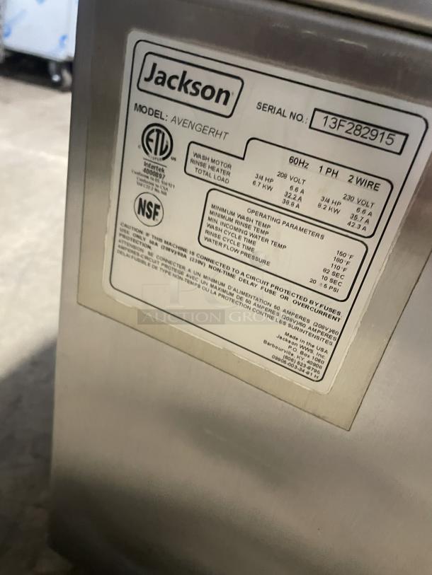 Jackson Avengerht commercial stainless steel under-counter dishwasher. High temp, model 13F282915. Includes dish rack. 208/230V, 1 phase, great condition.