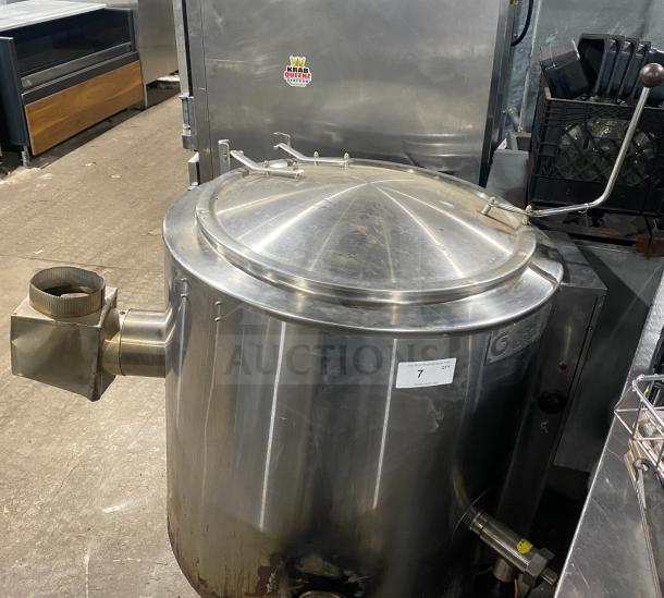 Groen AH/1-40 commercial stainless steel steam jacketed kettle, natural gas powered, on legs, used condition, visible labels.
