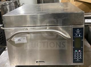 Amana AXP22 commercial stainless steel countertop microwave oven, model AXP22, 208-230V, with control panel and Amana branding.