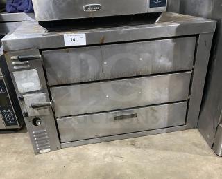 Amana Model GP-61 stainless steel countertop oven with 2 baking chambers; commercial use; visible wear; auction tag "14".