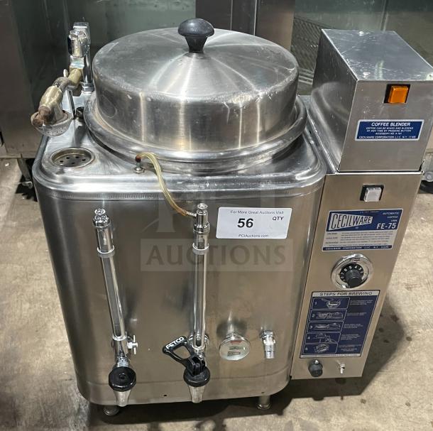 Cecilware FE-75 stainless steel countertop automatic coffee maker. Features multiple spouts and labeled control panel.