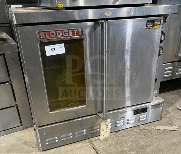 Blodgett commercial stainless steel single stack convection oven with thermostatic control and wired oven rack.