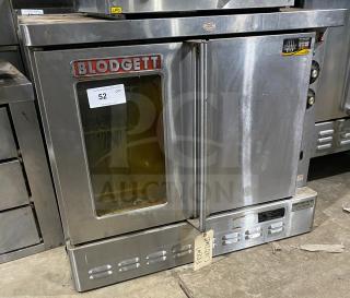 Blodgett commercial stainless steel single stack convection oven with thermostatic control and wired oven rack.