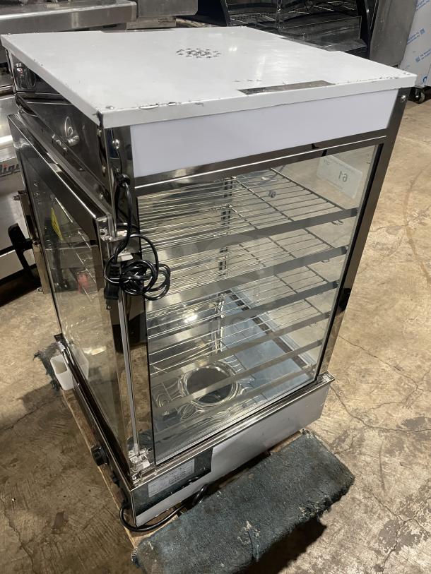 Commercial stainless steel electric bun steamer with 5 layers, glass door, and food display warmer. Good condition.
