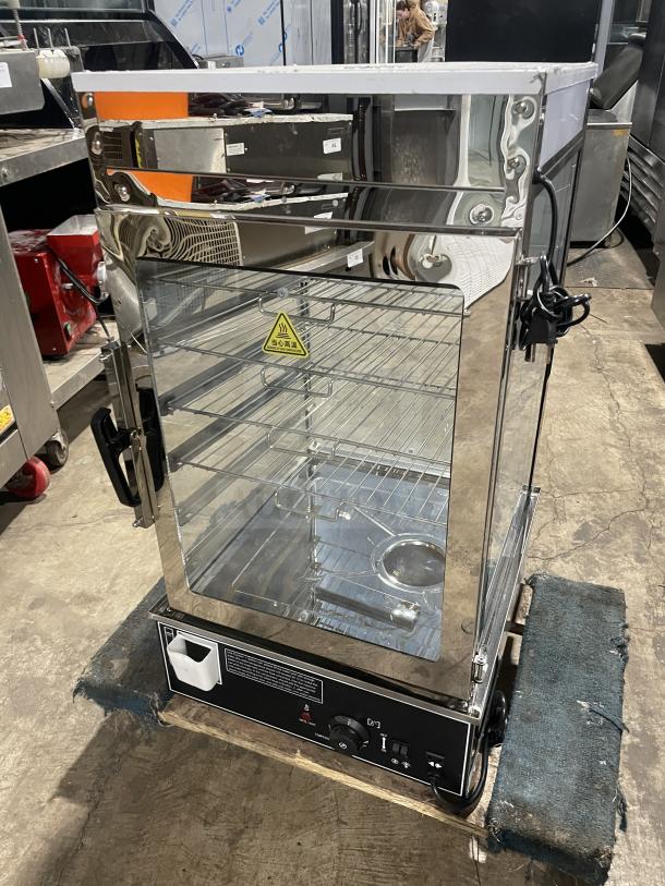 Commercial stainless steel electric bun steamer with 5 layers and glass door; includes food display warmer, new condition.