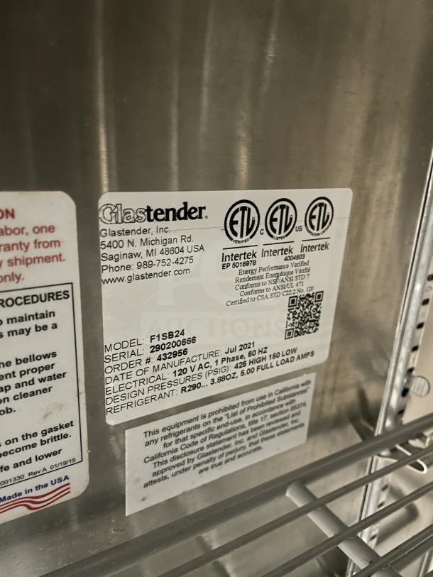 Glastender Model F1SB24 stainless steel cooler and glass froster interior label, showing model, serial number, and specs.