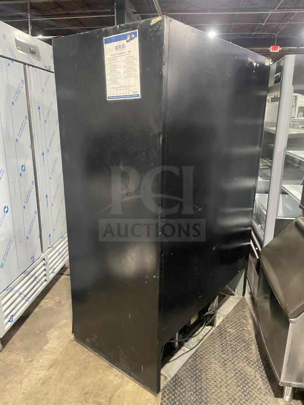 Beverage-Air MT45 black double glass swing door merchandiser refrigerator, poly-coated wired rack, 115V, minor wear.