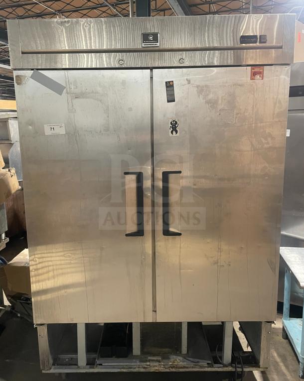 Kelvinator Commercial 2-Door Stainless Steel Freezer, Model KCBM48RSE-HC, with poly-coated racks, on casters, 115V.