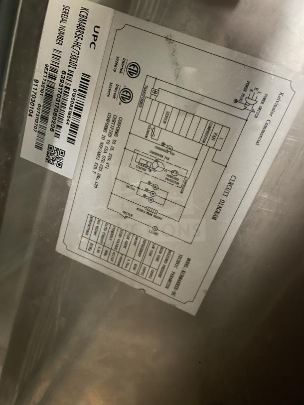 Kelvinator KCBM48RSE-HC 2-door stainless steel freezer label showing model, serial number, and circuit diagram.