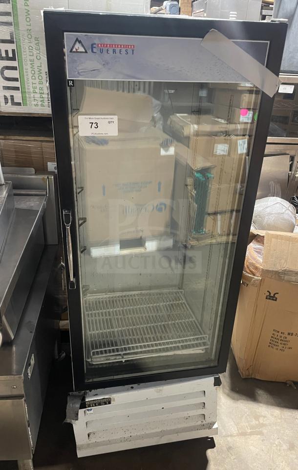 Everest EMGR10 commercial freezer with single glass door, poly-coated wire racks, 115V, 1 phase, used condition.