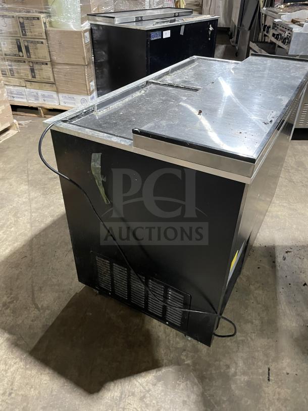 Kelvinator AUB50RZ stainless steel bottle cooler, commercial grade, on casters, 115V, SN: H20039388, with visible lids.