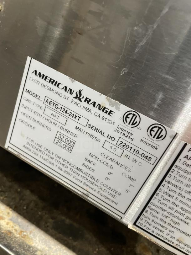 American Range stainless steel flat griddle, Model AETG-124-24XT, showing label with serial number 220110-048.