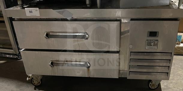 Kelvinator KCHCB48R stainless steel chef base, two drawers, electric, on casters, model SN: 351200256.
