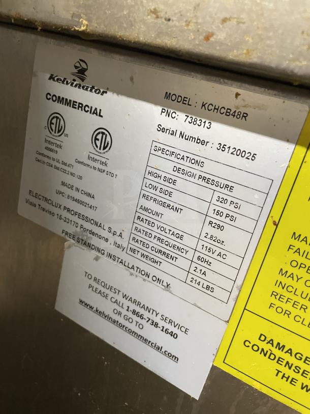 Kelvinator KCHCB48R commercial stainless steel refrigerated chef base, electric, 2 drawers, 115V, on casters, serial 351200256.