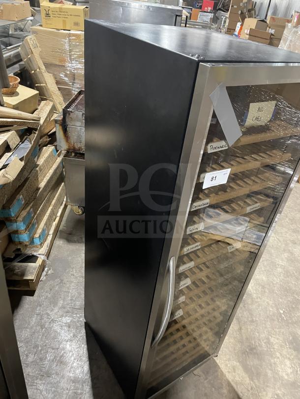 Eurodib USF-1688 commercial wine cooler, single door, glass front, 110/120V. Visible interior labeling. Good condition.