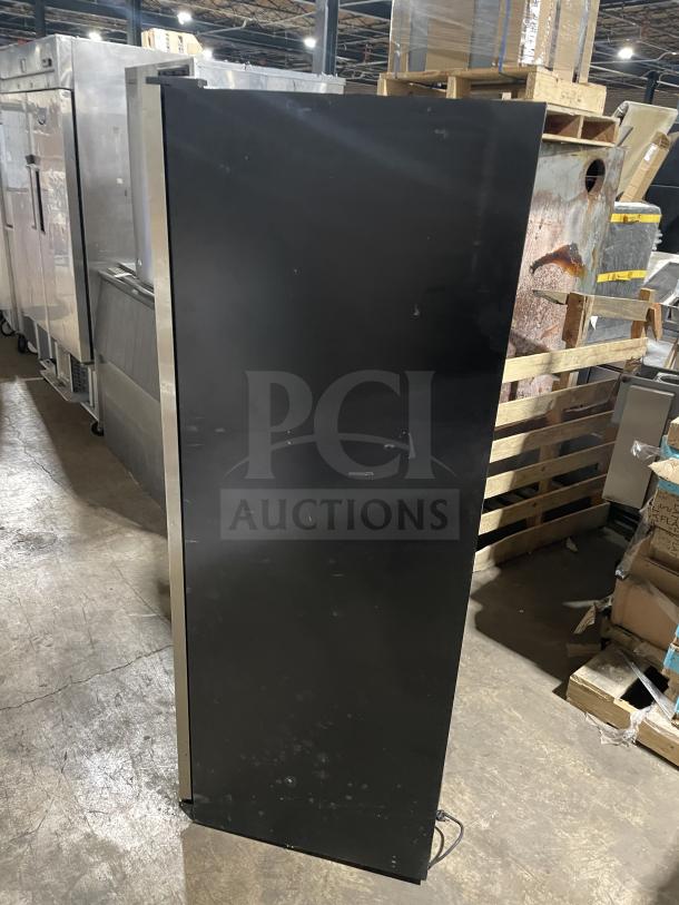 Eurodib USF-1688 commercial single door wine cooler, black exterior, 110/120V, in used condition. Possible surface wear.