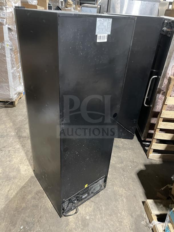 Eurodib USF-1688 commercial single door wine cooler merchandiser, black, 110/120V, used, visible label with model details.