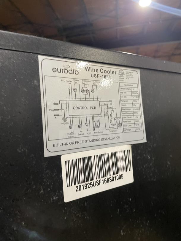 Eurodib USF-1688 commercial wine cooler label, showing model and electrical specifications for potential buyers.