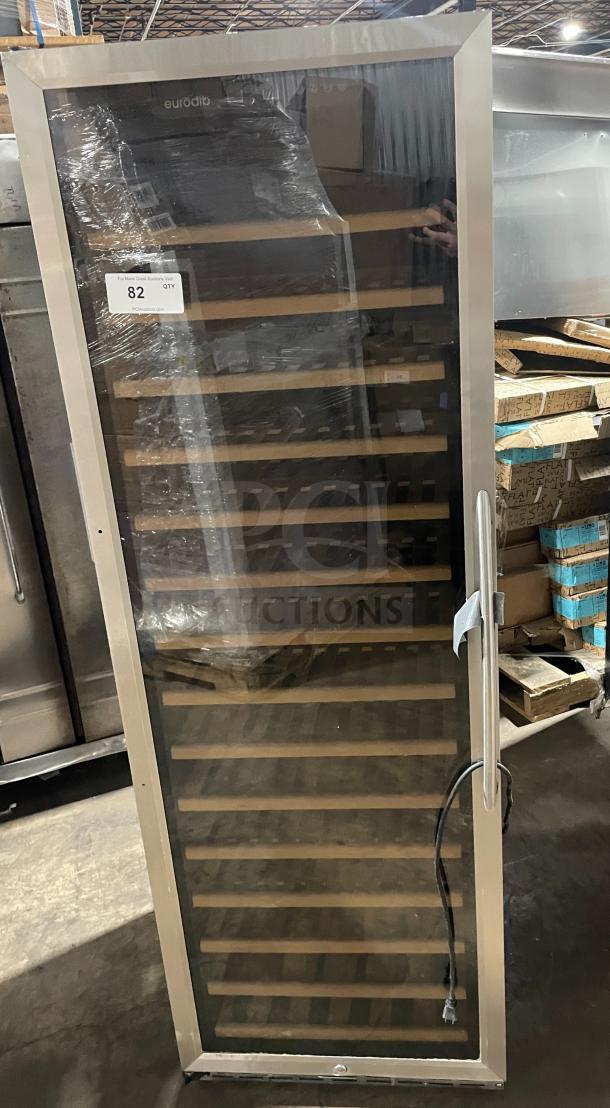 Eurodip USF-168S single door wine cooler, 110/120V, 60Hz. Glass front, wooden shelves, good condition. Auction tag visible.