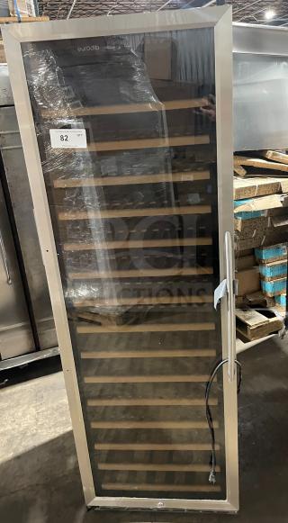 Eurodip USF-168S single door wine cooler, 110/120V, 60Hz. Glass front, wooden shelves, good condition. Auction tag visible.