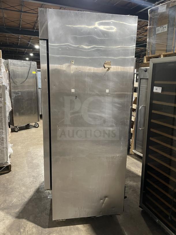 Kelvinator commercial stainless steel 2-door reach-in refrigerator, poly-coated wire racks, 115V, 60HZ, on casters, good condition.