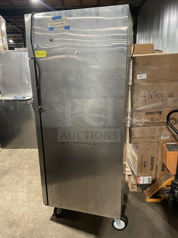 Beverage Air stainless steel undercounter single door refrigerator, model TMR1HC-1S, on casters with poly coated rack.