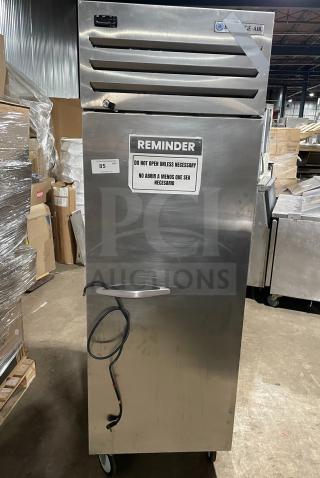 Beverage Air TMR1HC-1S stainless steel single door reach-in refrigerator, 115V, single phase, poly coated rack, on casters.