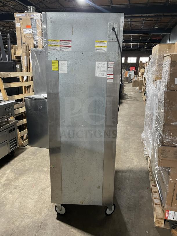 Beverage Air stainless steel single door reach-in refrigerator, model TMR1HC-1S, on casters, with poly-coated rack.