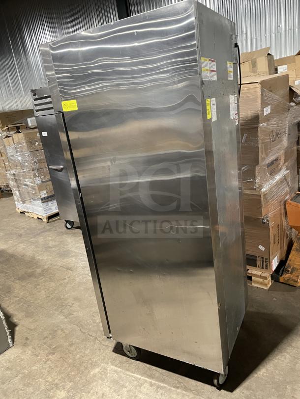 Beverage Air stainless steel single-door reach-in refrigerator, model TMR1HC-1S, with poly-coated rack, on casters.