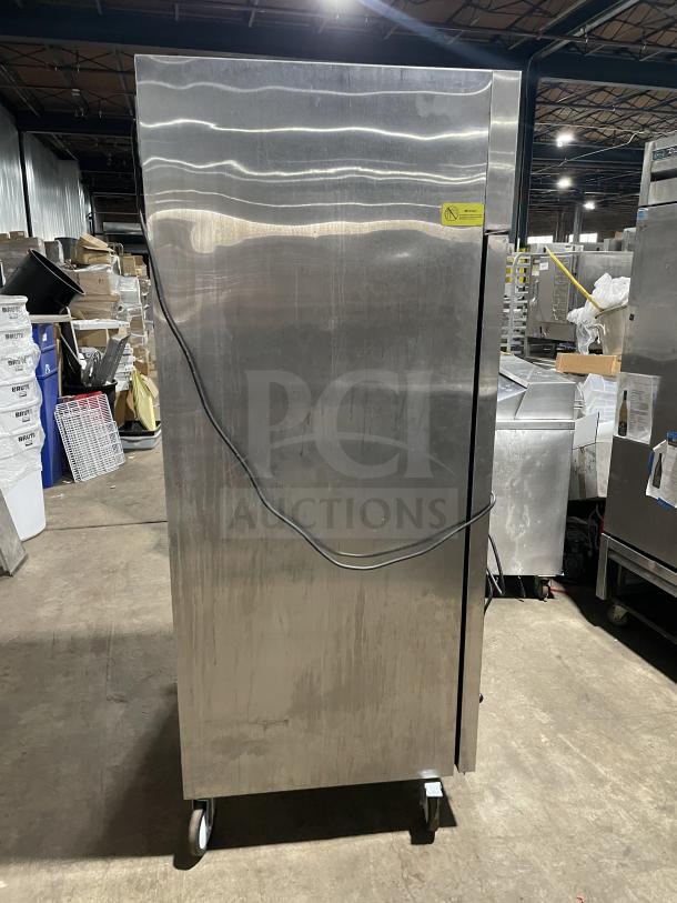 Beverage Air TMR1HC-1S single door stainless steel refrigerator on casters, includes poly-coated rack, in good condition.