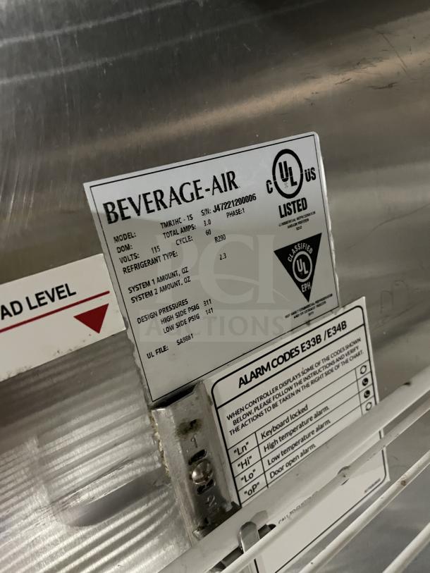Beverage Air TMR1HC-1S stainless steel single door refrigerator, 115V, poly coated rack, on casters, label shows model and specs.