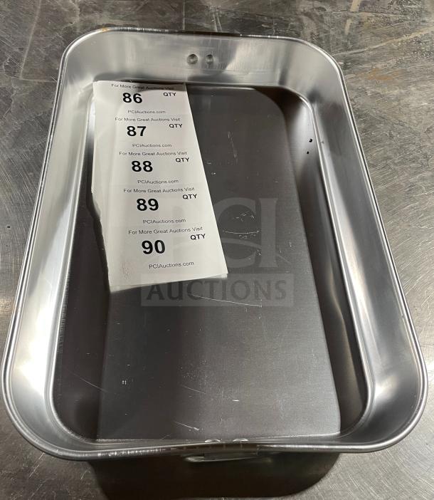 Winco commercial stainless steel bake pan, rectangular, high-quality, durable, includes auction labels with item numbers.