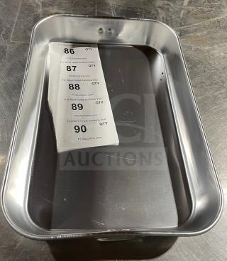 Winco commercial stainless steel bake pan, rectangular, high-quality, durable, includes auction labels with item numbers.