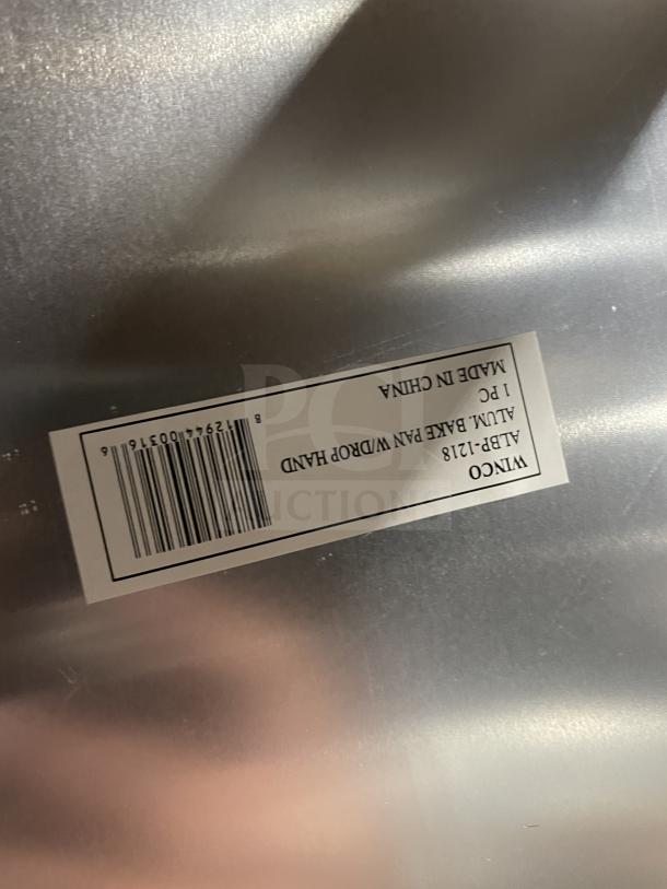 Winco commercial stainless steel bake pan with label showing "ALBP-1218" model, made in China. New condition.