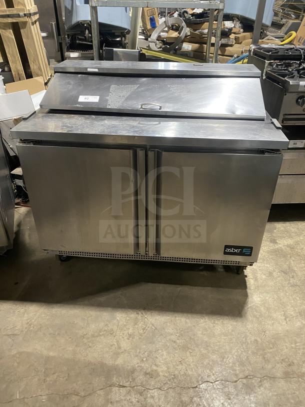 Asber stainless steel 2-door refrigerated bain marie salad/sandwich prep table on casters, commercial use, model visible.