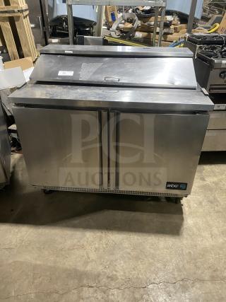 Asber stainless steel 2-door refrigerated bain marie salad/sandwich prep table on casters, commercial use, model visible.